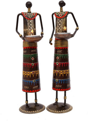 

Indikala Pair of 12 Inches Tall Masai Figurines Cast Iron 2 - Cup Tealight Holder Set(Multicolor, Pack of 2)