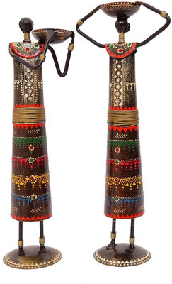 

NG Art Ventura Pair of 12 Inches Tall Masai Figurines Tea Light Holders Decorative Showpiece - 31 cm(Wooden, Iron, Multicolor)