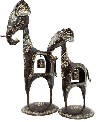 

NG Art Ventura Set of 2 Elephants with Belly Bells Decorative Showpiece - 40 cm(Wooden, Iron, Multicolor)