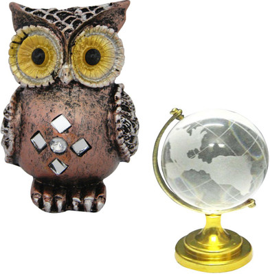 

DivyaMantra Feng Shui Combo Pack of Owl and Crystal Globe Decorative Showpiece - 7 cm(Polyresin, Brown)