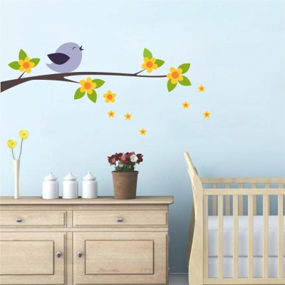 EJAart 60 cm Flower Tree With Bird Self Adhesive Sticker(Pack of 1)