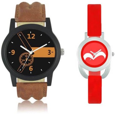 FASHION POOL LOREM & VALENTINE ULTIMATE & PERFECT COUPLE COMBO OF ROUND DIAL FULL BLACK & SILVER WATCH WITH UNIQUE RED & WHITE MULTI COLOR DIAL DESIGN GRAPHICS WATCH WITH TRENDY & COOL DESIGNER BROWN LEATHER BELT COMBO WITH RED RUBBER BELT WATCH FOR PROFESSIONAL & PARTY WEAR WATCH FOR FESTIVAL & FOR   Watches  (FASHION POOL)