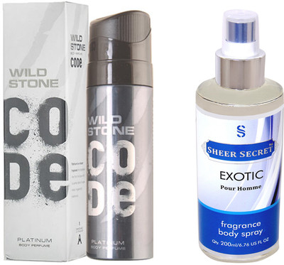 

Wild Stone CODE PLATINUM 120 ML with SHEER SECRET EXOTIC MEN BODY MIST 200 ML(Set of 2)