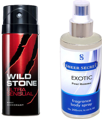 Wild Stone ULTRA SENSUAL 150 ML with SHEER SECRET EXOTIC MEN BODY MIST 200 ML(Set of 2)