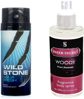 

Wild Stone AQUA 150 ML with SHEER SECRET WOODY MEN BODY MIST 200 ML(Set of 2)