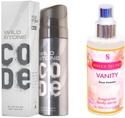 

Wild Stone CODE PLATINUM 120 ML with SHEER SECRET VANITY WOMEN BODY MIST 200 ML(Set of 2)