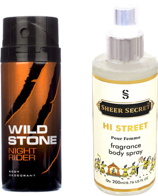 

Wild Stone NIGHT RIDER 150 ML with SHEER SECRET HI STREET WOMEN BODY MIST 200 ML(Set of 2)