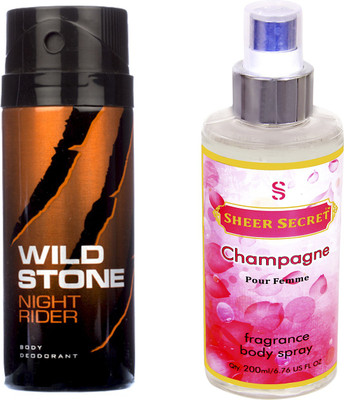 

Wild Stone NIGHT RIDER 150 ML with SHEER SECRET CHAMPAGNE WOMEN BODY MIST 200 ML(Set of 2)