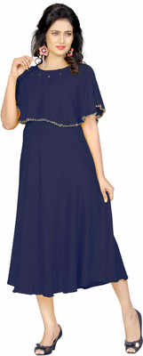 REYANS Women Layered Dark Blue Midi/Calf Length Dress