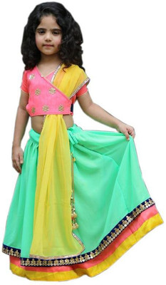 AGLARE Girls Lehenga Choli Fusion Wear Embellished Lehenga, Choli and Dupatta Set(Pink, Pack of 1)