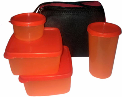 

Elegant Shopping Topware Plastic 2 Square Box, 1 Tumbler, 1 Tropical Cup (750 Ml) With 1 Carry Bag, 4 Containers Lunch Box(750 ml), Orange