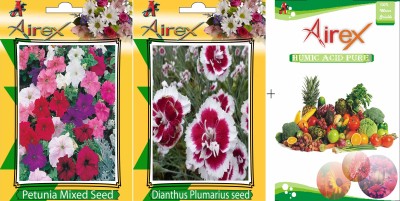 Airex Petunia Mixed and Dianthus Plumarius Flower Seeds + Humic Acid Fertilizer (For Growth of All Plant and Better Responce) 15 gm Humic Acid + Pack Of 20 Seeds * 2 Per Packet Seed(20 per packet)