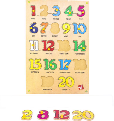 

Toyvala Pinewood Wooden Jigsaw Puzzle Board for Kids - Number 1 To 20 With Spelling - Learning & Educational Gift for Kids(20 Pieces)