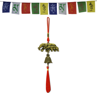 

DivyaMantra Car Decoration Rear View Mirror Hanging Accessories Feng Shui Elephant Bell and and Tibetan Buddhist Prayer Flags for Car Decorative Showpiece - 28 cm(Cotton, Multicolor)