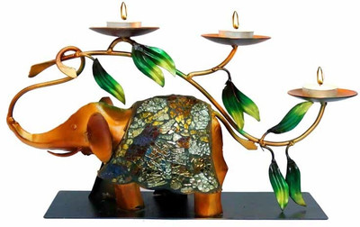 

NG Art Ventura Glazed Elephant Tea Light Holder with Mosaic Work Decorative Showpiece - 20 cm(Wooden, Iron, Multicolor)