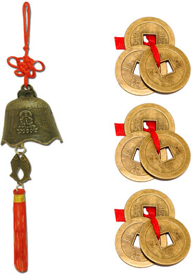 

DivyaMantra Car Decoration Rear View Mirror Hanging Accessories Tibetan Feng Shui Bell and Three Chinese Coins Combo of 3 Set For Luck Decorative Showpiece - 13 cm(Aluminium, Brown)