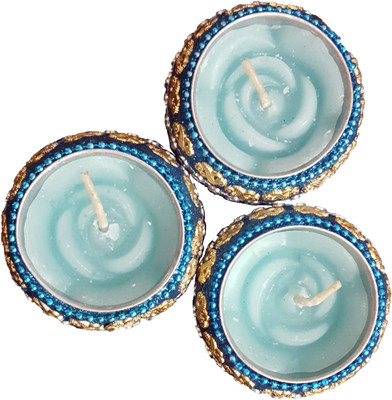 

aakaar21 Rose flower shape with highly scented round wax blue candle with resusable decorative diya -4/3cm Candle(Blue, Pack of 3)