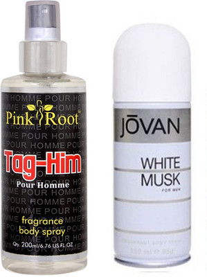 Jovan White Musk for Men 150ml and Pink Root Tag-Him Pour Homme Fragrance body Spray 200ml Pack of 2(Set of 2) available at flipkart for Rs.490