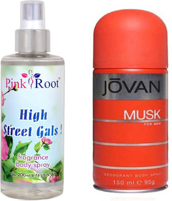 Jovan Orange Musk for Men 150ml and Pink Root High Street Gals Fragrance body Spray 200ml Pack of 2(Set of 2) available at flipkart for Rs.490