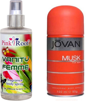 Jovan Orange Musk for Men 150ml and Pink Root Vanity Femme Fragrance body Spray 200ml Pack of 2(Set of 2) available at flipkart for Rs.490