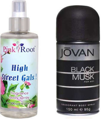 Jovan Black Musk for Men 150ml and Pink Root High Street Gals Fragrance body Spray 200ml Pack of 2(Set of 2) available at flipkart for Rs.490