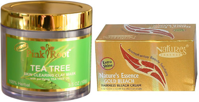 NATURE ESSENCE Gold Bleach 200gm and Pink Root Tea Tree Skin Clearing Clay Mask 100gm Pack of 2(Set of 2)