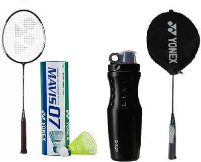 

Yonex Combo Of Four- Two 'GR 303 Sania Nehwal Special Edition' Badminton rackets (Half Cover) ,one 'Mavis 07' shuttle Cock (1/2 dozen) and one 'G 2020' Sipper (Color On Availability)- Badminton Kit