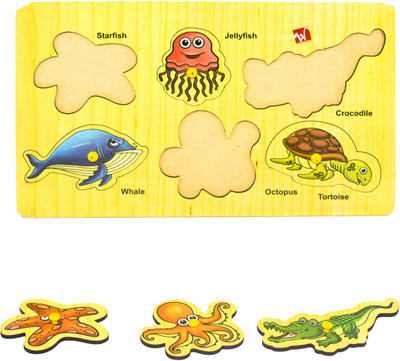 

Toyvala Pinewood Wooden Jigsaw Puzzle Board for Kids - Water Animal with Pics and Names- Learning & Educational Gift for Kids(6 Pieces)