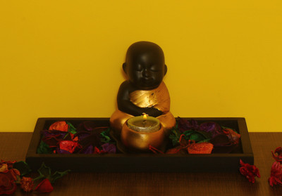 

Tied Ribbons Buddha Monk Tealight Holder on Tray with Potpourri Decorative Showpiece - 13 cm(Polyresin, Gold)