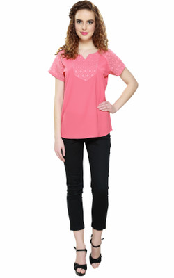 SFFLINDIA Casual Short Sleeve Printed Women Pink Top