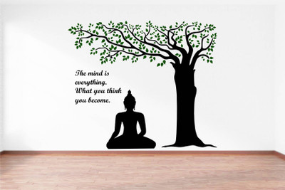 rawpockets 20 cm Lord Buddha under Tree and Quote on Mind Self Adhesive Sticker(Pack of 1)