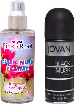 Jovan Black Musk for Men 150ml and Pink Root Club Nuit Femme Fragrance body Spray 200ml Pack of 2(Set of 2) available at flipkart for Rs.490