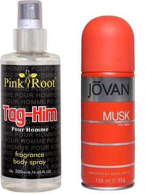 Jovan Orange Musk for Men 150ml and Pink Root Tag-Him Pour Homme Fragrance body Spray 200ml Pack of 2(Set of 2) available at flipkart for Rs.490