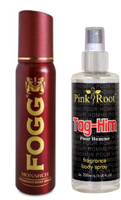 

Fogg Monarch Fragrant Body Spray 100ml and Pink Root Tag-Him Pour Homme Fragrance body Spray 200ml Pack of 2(Set of 2)