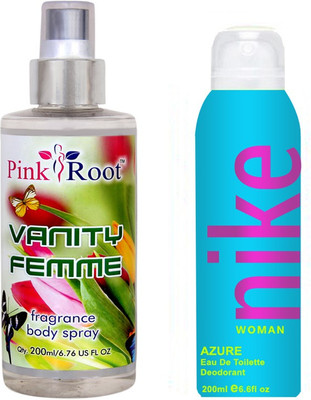 

Nike Azure for Woman 200ml and Pink Root Vanity Femme Fragrance body Spray 200ml Pack of 2(Set of 2)