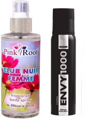 

Envy 1000 Noir Perfume Body Spray 120ml and Pink Root Club Nuit Femme Fragrance body Spray 200ml Pack of 2(Set of 2)