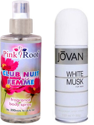 Jovan White Musk for Men 150ml and Pink Root Club Nuit Femme Fragrance body Spray 200ml Pack of 2(Set of 2) available at flipkart for Rs.490
