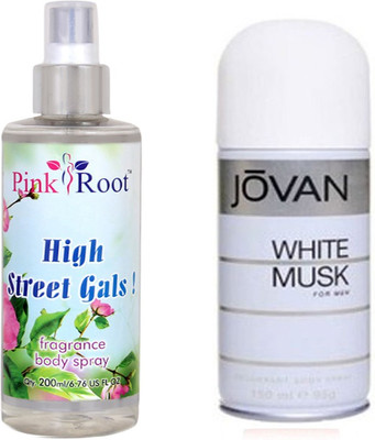 Jovan White Musk for Men 150ml and Pink Root High Street Gals Fragrance body Spray 200ml Pack of 2(Set of 2) available at flipkart for Rs.490