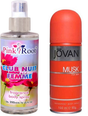 Jovan Orange Musk for Men 150ml and Pink Root Club Nuit Femme Fragrance body Spray 200ml Pack of 2(Set of 2) available at flipkart for Rs.490