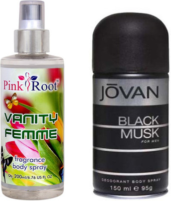 Jovan Black Musk for Men 150ml and Pink Root Vanity Femme Fragrance body Spray 200ml Pack of 2(Set of 2) available at flipkart for Rs.490