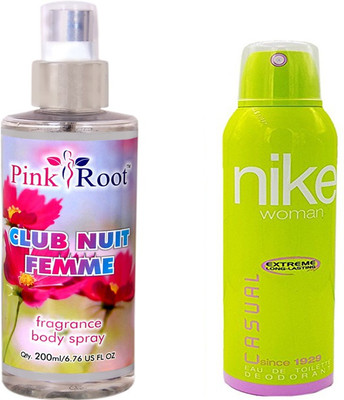 

Nike Casual for Woman 200ml and Pink Root Club Nuit Femme Fragrance body Spray 200ml Pack of 2(Set of 2)