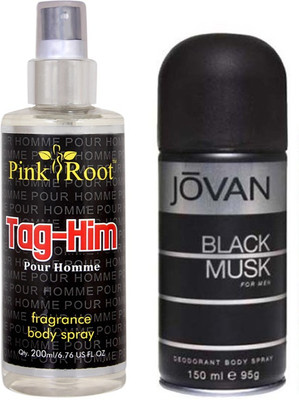 Jovan Black Musk for Men 150ml and Pink Root Tag-Him Pour Homme Fragrance body Spray 200ml Pack of 2(Set of 2) available at flipkart for Rs.490