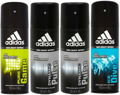 

ADIDAS One Pure Game, Two Dynamic Pulse and One Ice Dive Combo Set Body Spray - For Men(600 ml, Pack of 4)