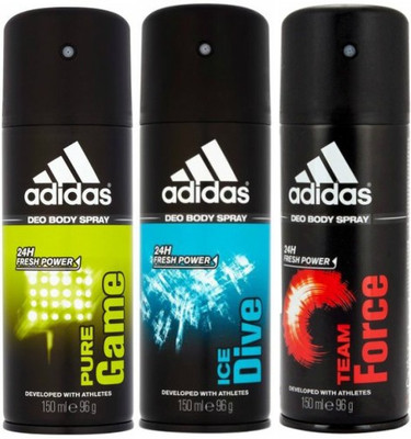 

ADIDAS One Pure Game, One Ice Dive and One Team Force Combo Set Body Spray - For Men(450 ml, Pack of 3)