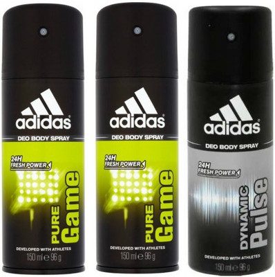 

ADIDAS Two Pure Game and One Dynamic Pulse Combo Set Body Spray - For Men(450 ml, Pack of 3)