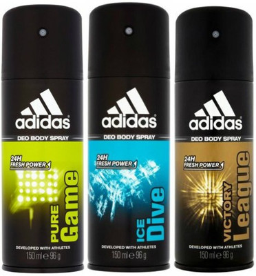 

ADIDAS One Pure Game, One Ice Dive and One Victory League Combo Set Body Spray - For Men(450 ml, Pack of 3)