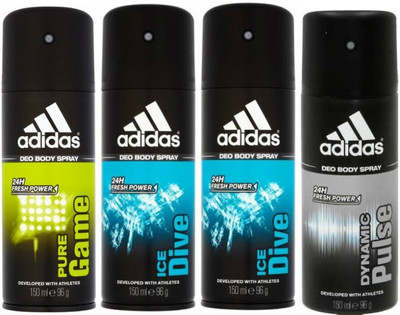 

ADIDAS One Pure Game, Two Ice Dive and One Dynamic Pulse Combo Set Body Spray - For Men(600 ml, Pack of 4)