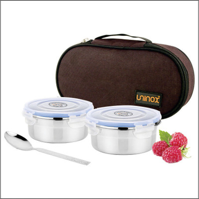 

UNINOX Stainless Steel Elegant Flat 2 Lunch Box Air tight Microwave Safe and Leak Proof with spoon 2 Containers Lunch Box(950 ml), Brown