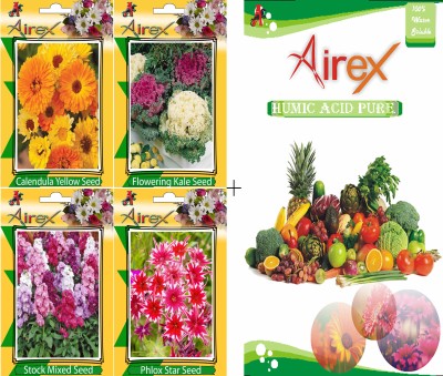 Airex Calendula Yellow, Flowering Kale, Stock Mixed and Phlox Star (Twinkle Star) Flower Seeds + Humic Acid Fertilizer (For Growth of All Plant and Better Responce) 15 gm Humic Acid + Pack Of 20 Seeds * 4 Per Packet Seed(20 per packet)