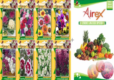 Airex Flowering Kale, Petunia Mixed, Chyrsantheum, Pansy Viola Mixed, Dianthus Plumarius , Gypsophila Snow White , Salvia Violet and Alyssum Flower Seeds + Humic Acid Fertilizer (For Growth of All Plant and Better Responce) 15 gm Humic Acid + Pack Of 20 Seeds * 8 Per Packet Seed(20 per packet)